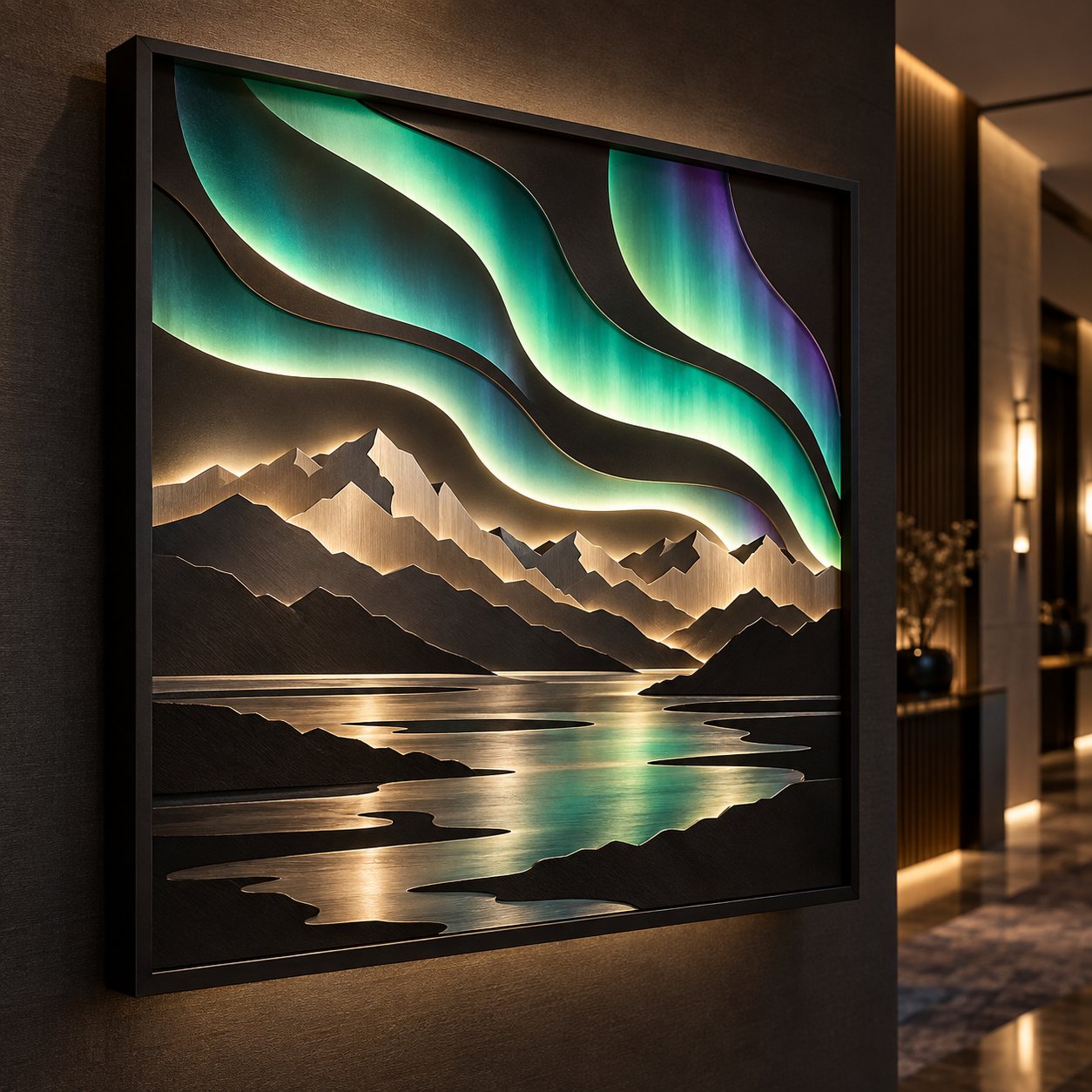 Backlit metal relief of green and violet aurora bands over mountains and a reflective inlet