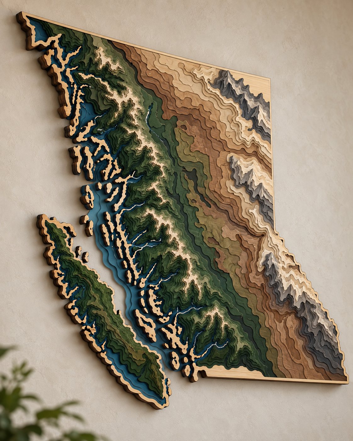 Wall-mounted topographic wood relief of British Columbia and Vancouver Island