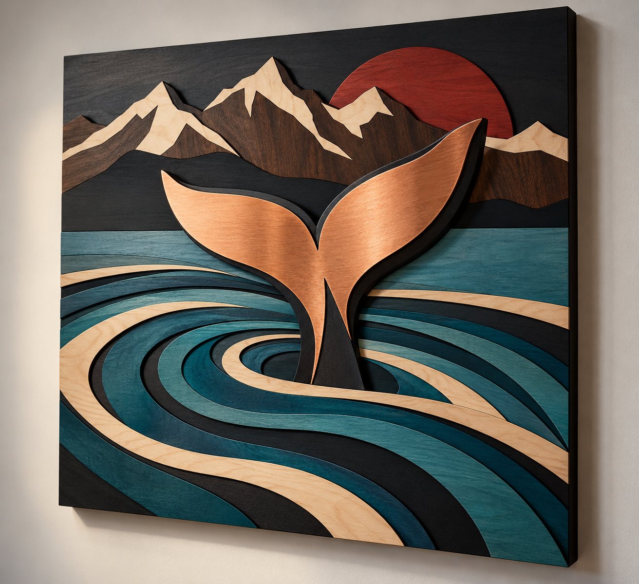 Layered relief of a copper whale tail rising from swirling teal water, with mountains and a red sun behind
