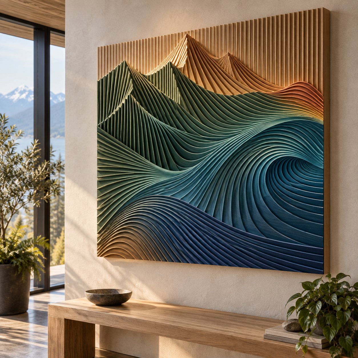 Ribbed wood relief of mountain peaks flowing into a blue and green wave