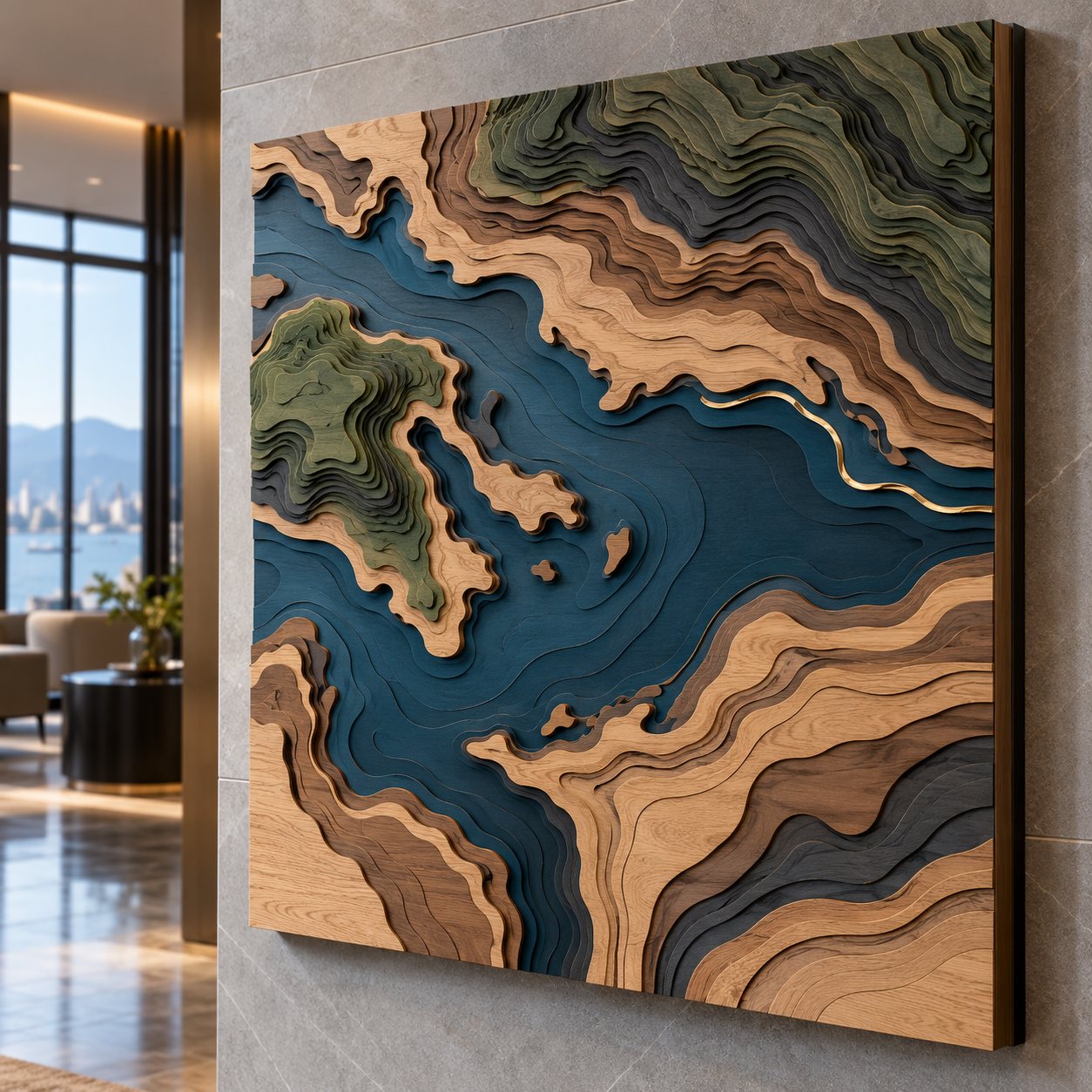 Topographic wood relief of a coastline with blue water and stacked contour layers