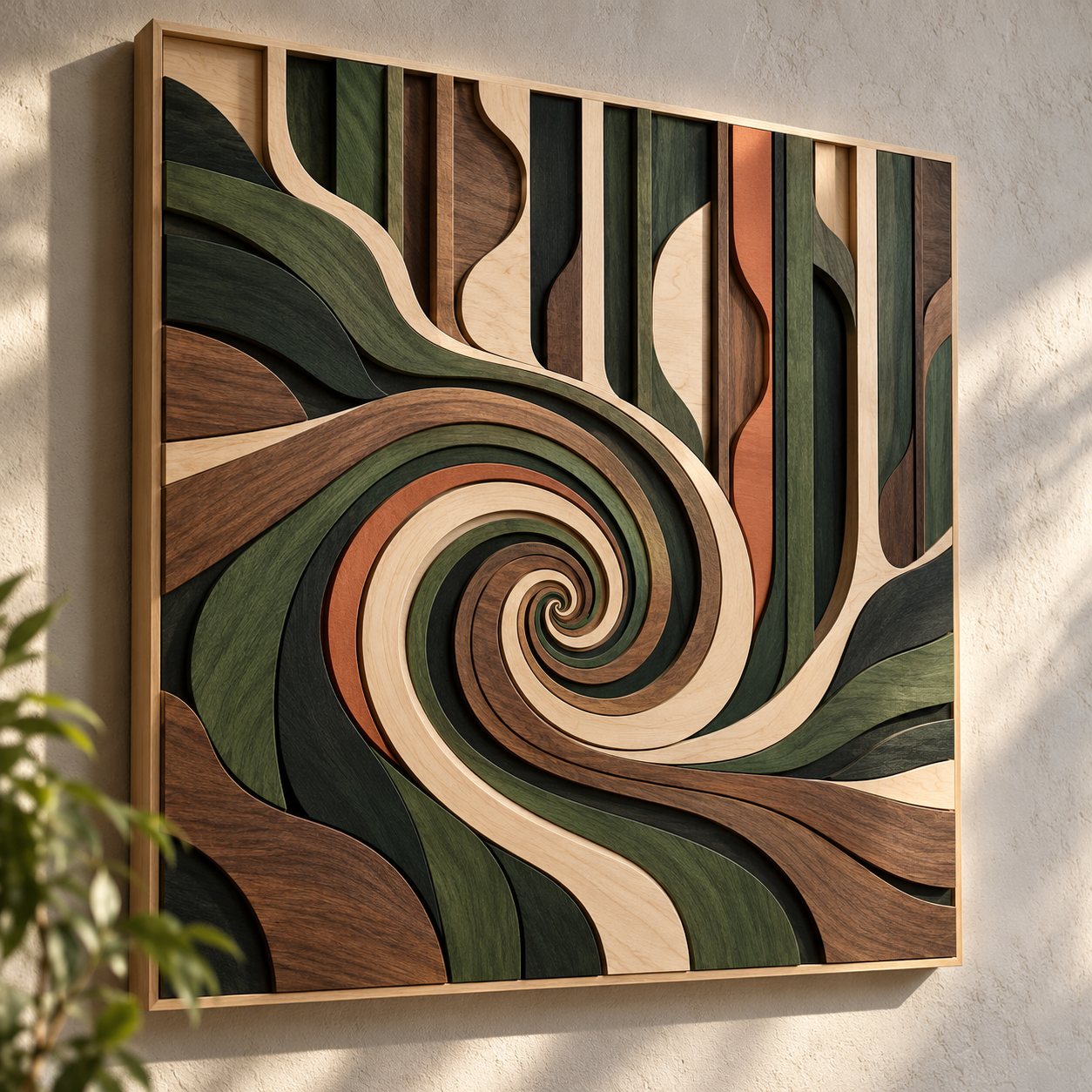 Abstract layered wood spiral in green, walnut, maple and copper tones rising into vertical tree forms